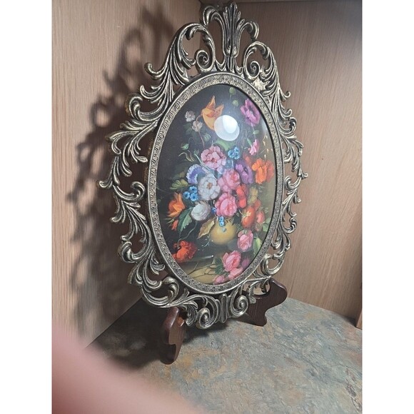 Antique Vintage Wrought Iron Victorian oval Picture Frame bubble glass floral - Picture 6 of 11